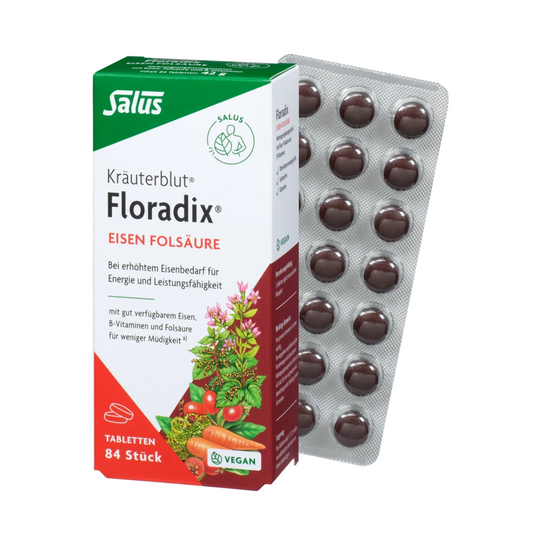 Salus Floradix Eisen Folsäure Tabletten – 84 vegane Tabletten in Verpackung und Blister