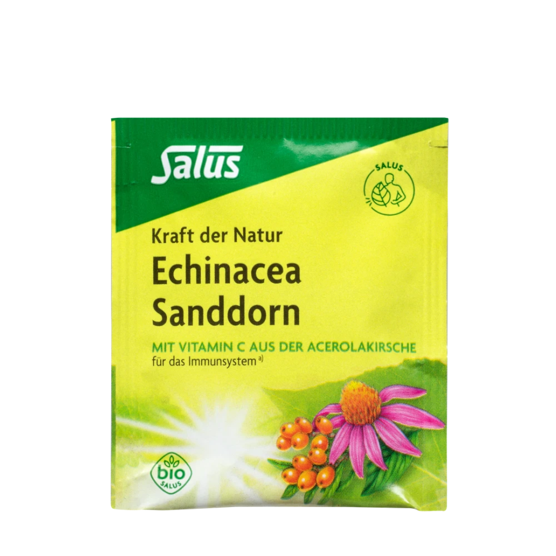 Salus Echinacea Sanddorn Bio – einzelner Umbeutel mit Echinacea, Sanddorn und Acerola-Illustration