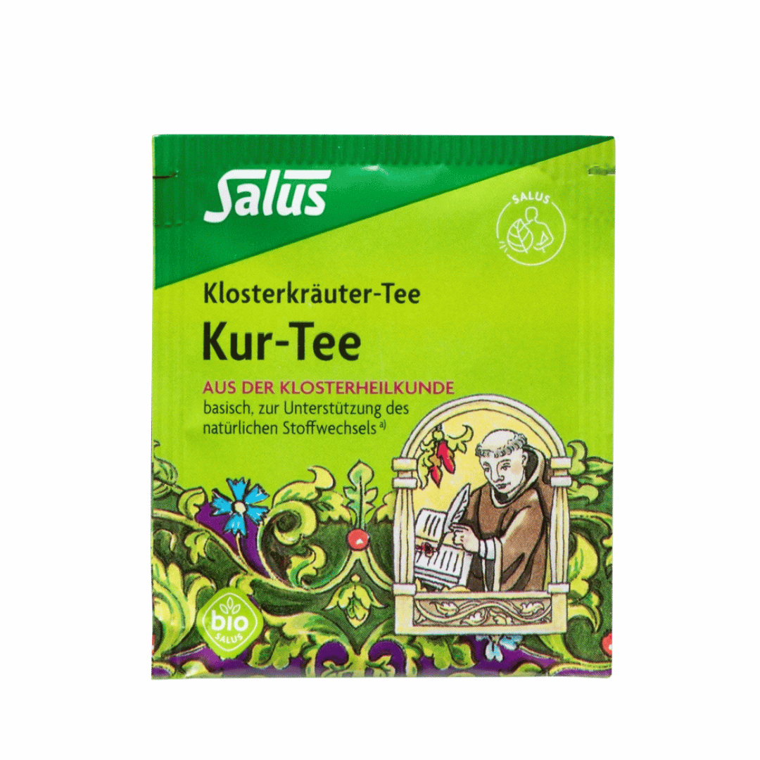 Salus Klosterkräuter Kur-Tee Verpackung vorne, Bio-Kräutertee aus der Klosterheilkunde mit Mönch-Illustration
