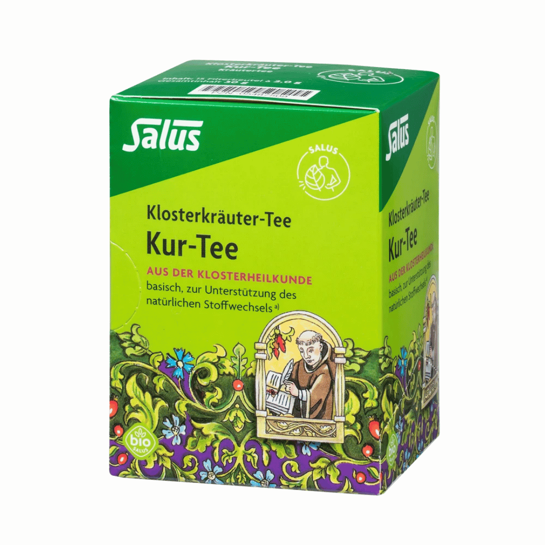 Salus Kur-Tee Box 3D-Ansicht, grün-gelbe Verpackung, Bio-Klosterkräutertee zur Unterstützung des Stoffwechsels
