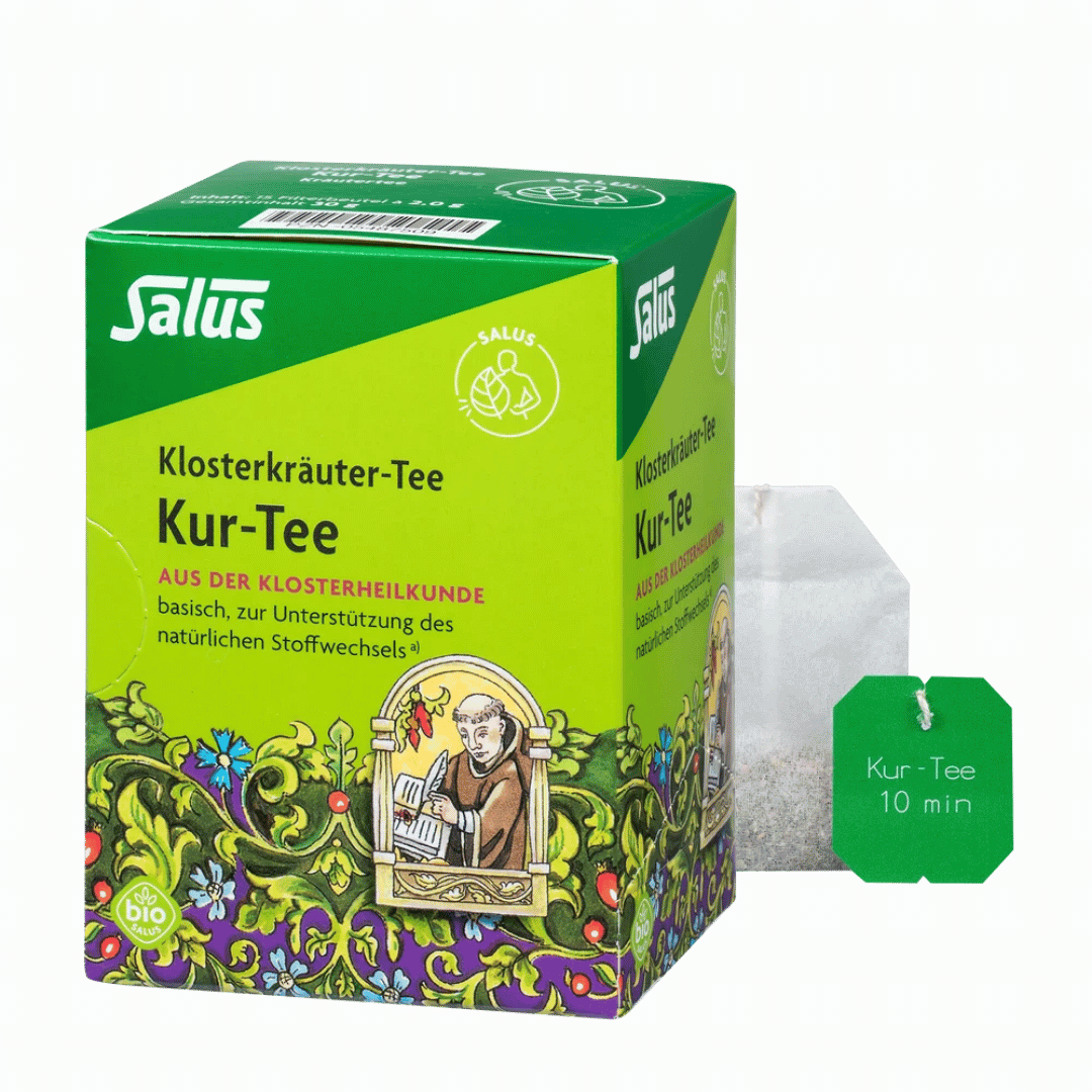 Salus Kur-Tee Produktset mit Verpackung und Teebeutel, Klosterkräuter-Tee Bio-Qualität, 10 Minuten Ziehzeit
