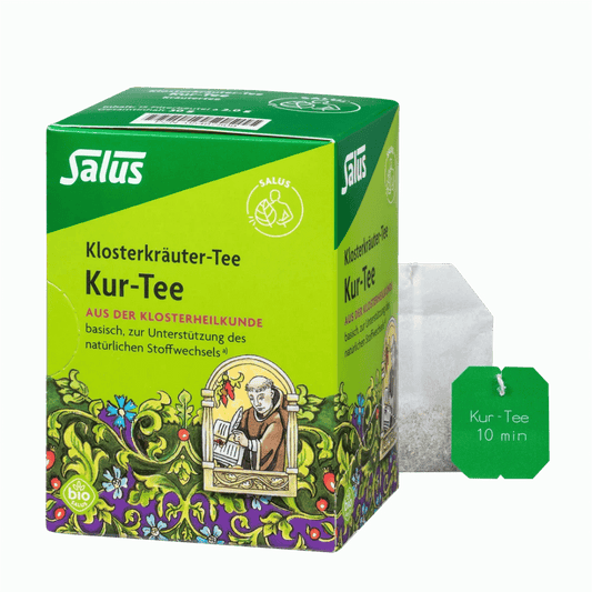 Salus Kur-Tee Produktset mit Verpackung und Teebeutel, Klosterkräuter-Tee Bio-Qualität, 10 Minuten Ziehzeit