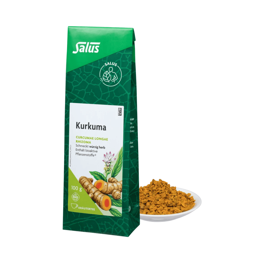 Salus Kurkuma Tee mit gemahlenem Kurkuma Pulver - Bio Kräutertee 100g Packung und lose Kurkuma Stücke