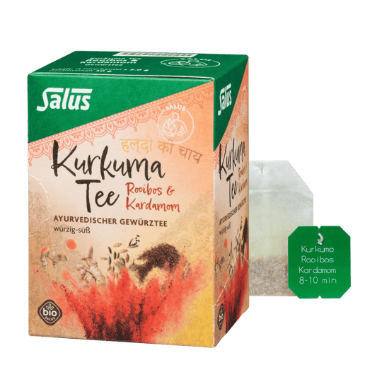 Salus Kurkuma Tee Rooibos und Kardamom Bio, ayurvedischer Gewürztee mit Teebeutel vor Packung