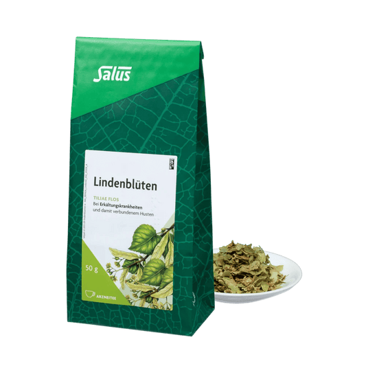 Salus Lindenblüten Arzneitee – 50 g lose Kräutertee-Packung mit Lindenblüten auf Teller