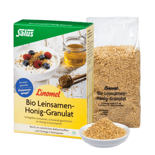 Salus Linomel Bio Leinsamen-Honig-Granulat, 250 g Packung mit Beutel und losem Granulat im Schälchen