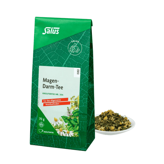 Salus Magen-Darm-Tee Nr. 20A – Bio-Kräutertee lose, 70 g Packung mit Teemischung auf Teller