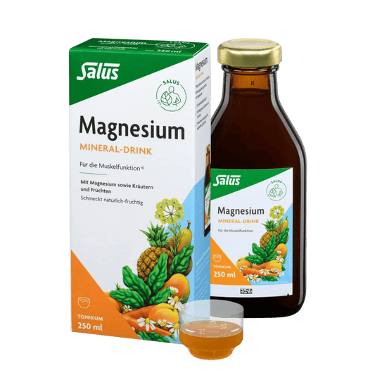 Salus Magnesium Mineral-Drink – Set aus Flasche, Verpackung und gefülltem Dosierbecher, 250 ml