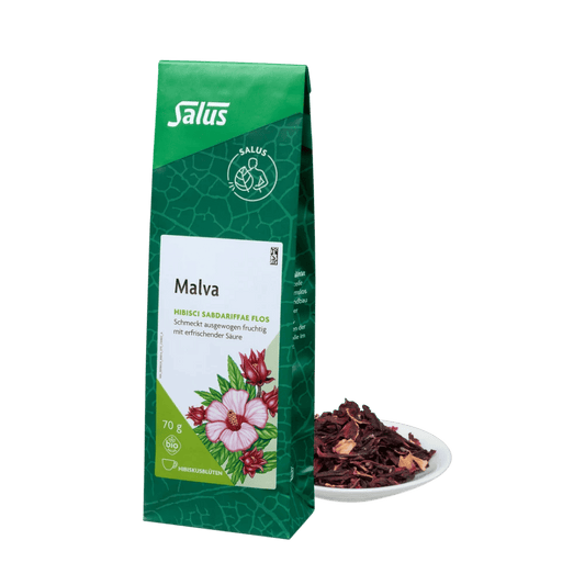 Salus Malva Hibiskusblütentee – Bio-Teemischung lose, 70 g Packung mit Schale voller Hibiskusblüten