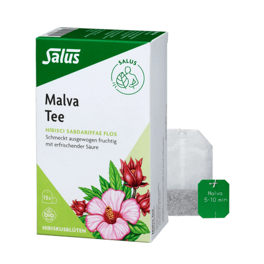 Salus Malva Hibiskusblütentee – Verpackung mit 15 Bio-Filterbeuteln und beiliegendem Teebeutel