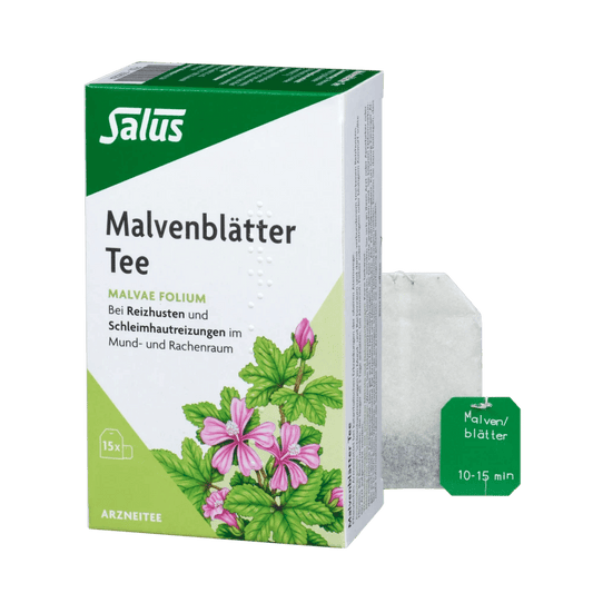 Salus Malvenblätter Tee 15 Filterbeutel – Arzneitee in grüner Faltschachtel mit Illustration und losem Beutel bei Reizhusten