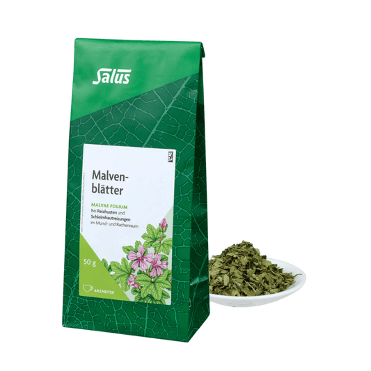 Salus Malvenblätter Arzneitee 50 g – grüne Verpackung mit Illustration und losem Tee im Schälchen, wirksam bei Reizhusten