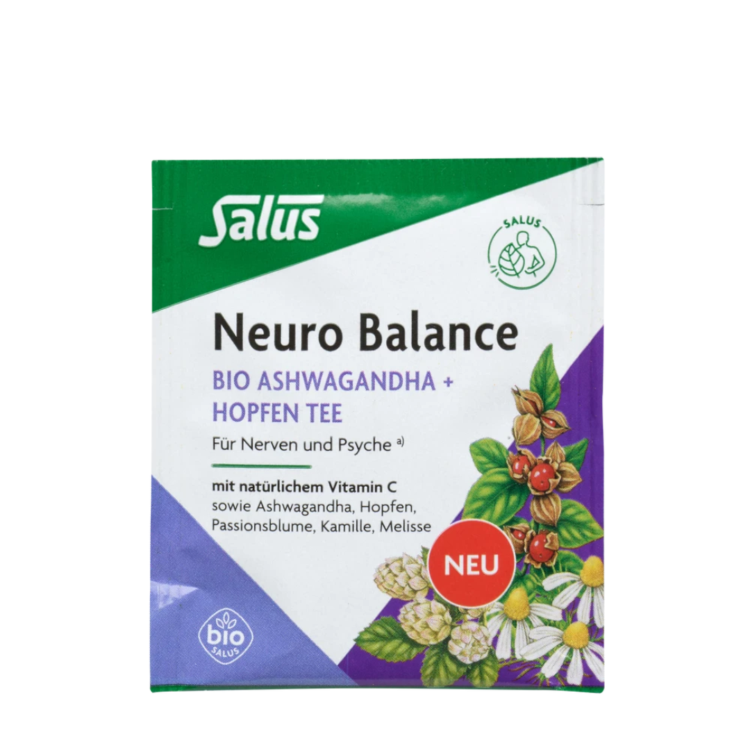 Salus Neuro Balance Bio Ashwagandha Hopfen Tee Umbeutel – Einzelportion Bio-Kräutertee mit Ashwagandha, Hopfen und Vitamin C.