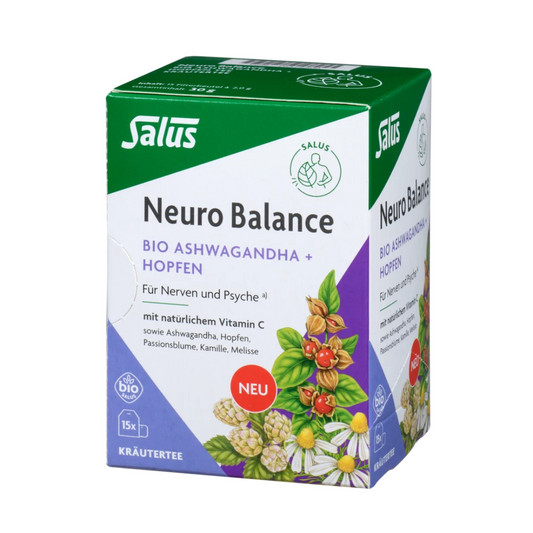 Salus Neuro Balance Bio Ashwagandha Hopfen Tee Packung – 15 Filterbeutel Bio-Kräutertee für Nerven und Psyche, mit Ashwagandha, Hopfen und Vitamin C.