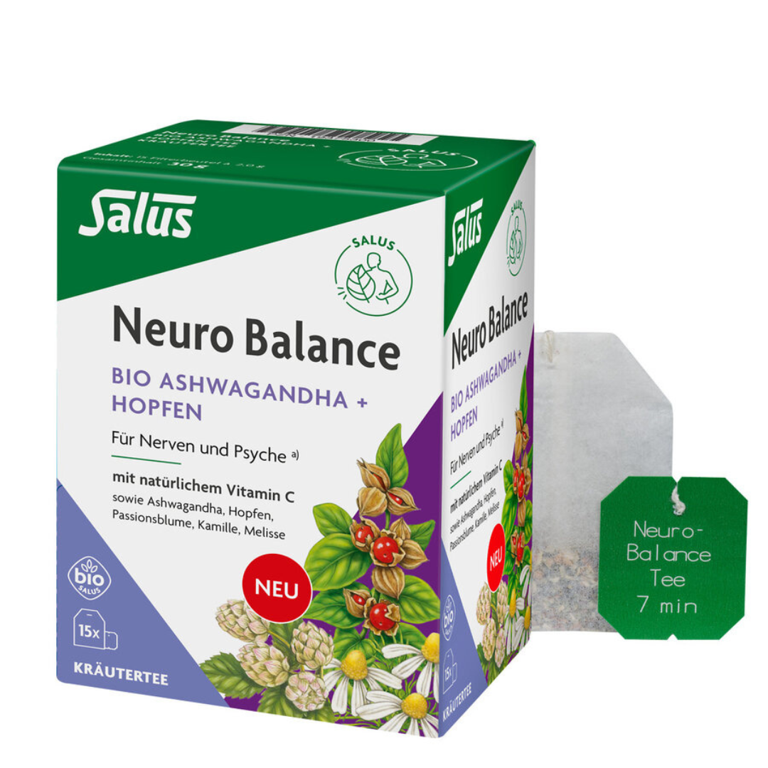 Salus Neuro Balance Bio Ashwagandha Hopfen Tee Packung mit Teebeutel – Bio-Kräutertee mit Ashwagandha, Hopfen, Kamille und Vitamin C, 15 Filterbeutel.