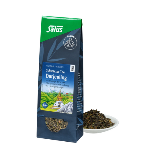 Salus Schwarzer Tee Darjeeling First Flush – Bio-Verpackung mit losem Tee FTGFOP1 aus dem Himalaya, 75 g