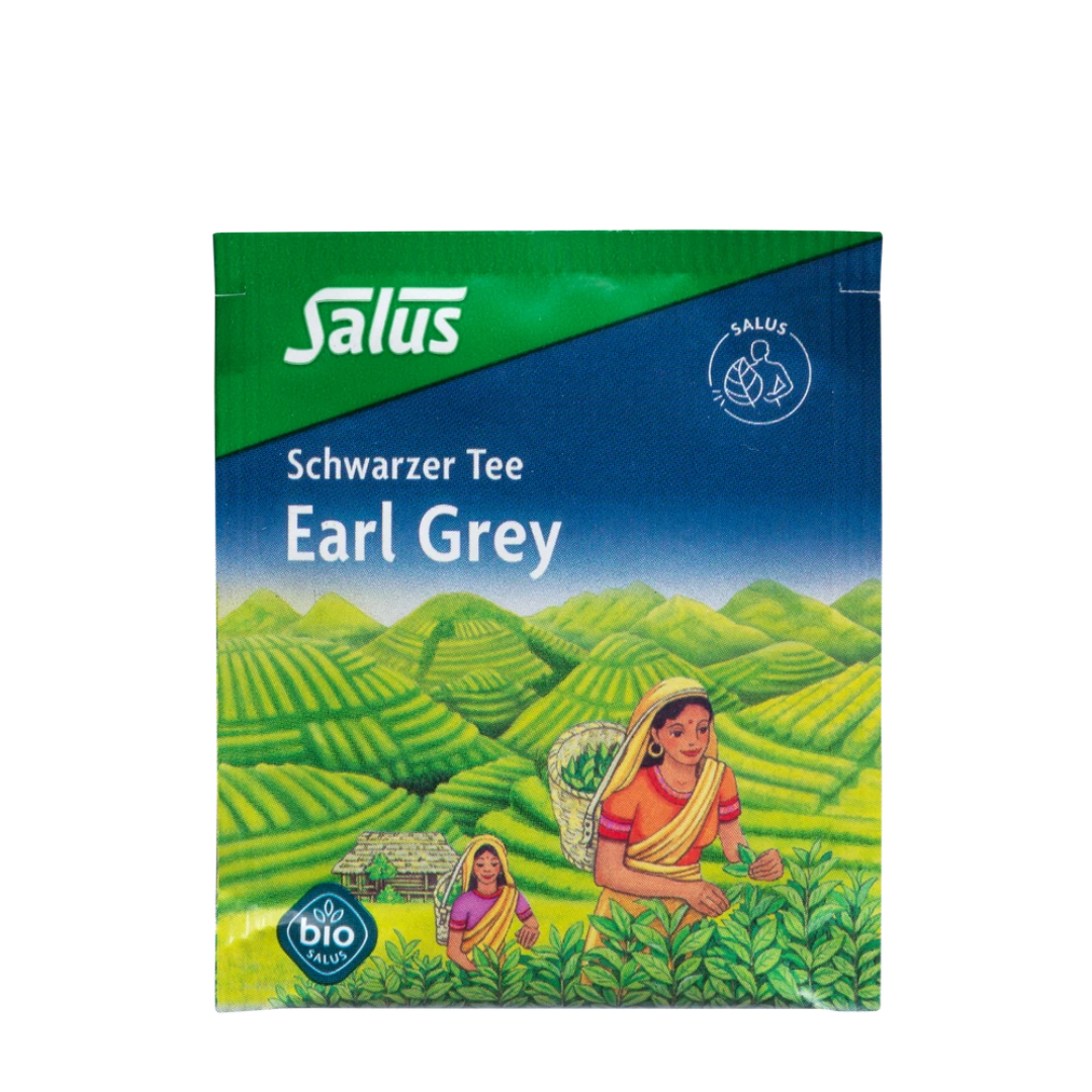 Salus Schwarzer Tee Earl Grey Bio – einzelner Umbeutel mit Teefeldern und Erntearbeiterinnen illustriert