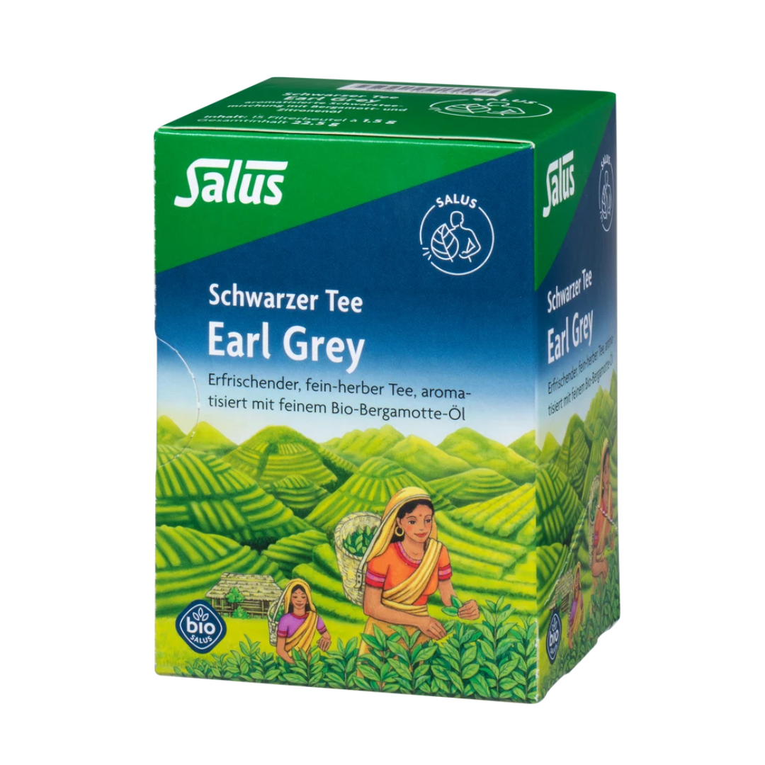 Salus Schwarzer Tee Earl Grey Bio – Packung mit aromatisiertem Schwarztee und feinem Bio-Bergamotte-Öl