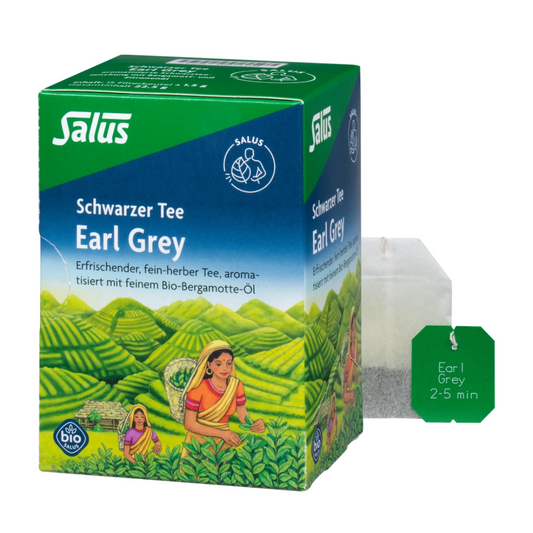 Salus Schwarzer Tee Earl Grey Bio – Teepackung mit einzelnem Teebeutel und Ziehzeitangabe 2–5 Minuten