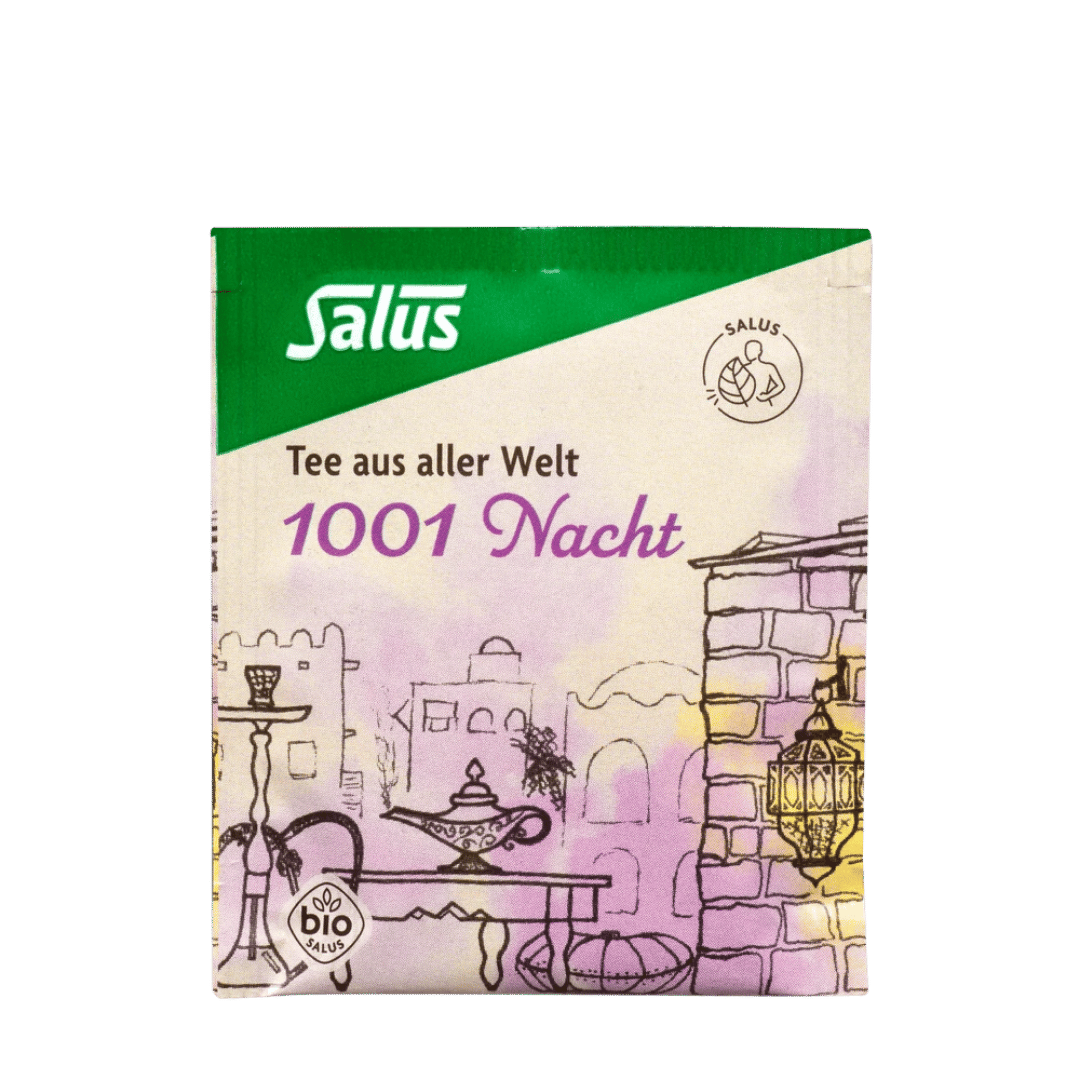 Salus 1001 Nacht Tee aus aller Welt Verpackung - Bio-Früchte-Gewürztee orientalischer Art mit Salus Logo