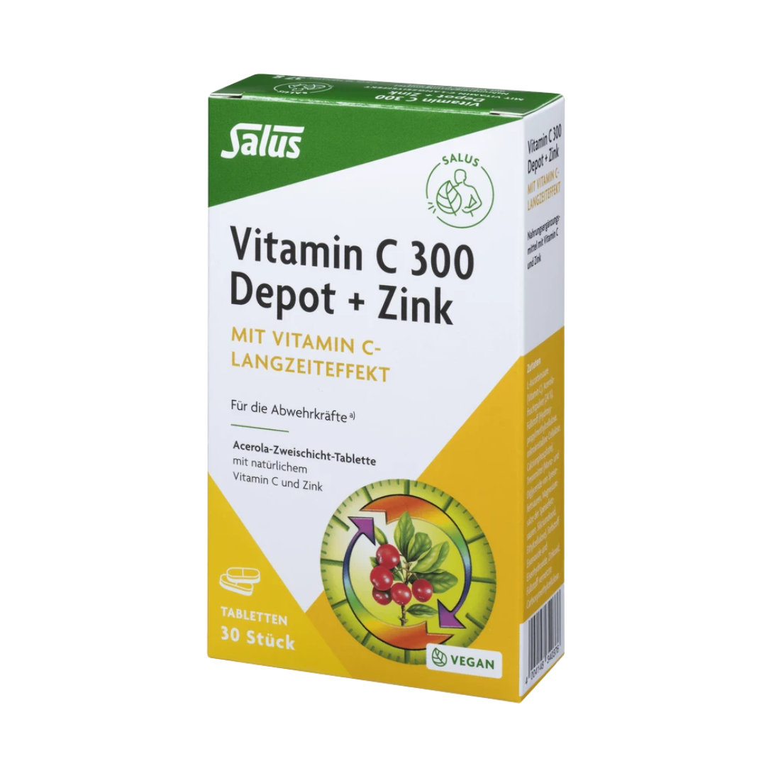 Salus Vitamin C 300 Depot + Zink – vegane Tabletten mit Vitamin C Langzeiteffekt und Zink für die Abwehrkräfte, 30 Stück.