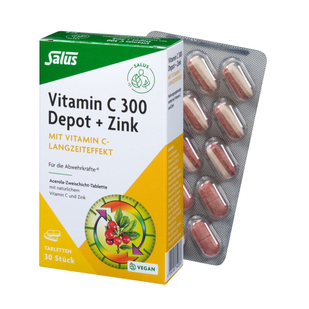 Salus Vitamin C 300 Depot + Zink – Packung mit Blister und 30 Zweischicht-Tabletten, Vitamin C aus Acerola und Zink.
