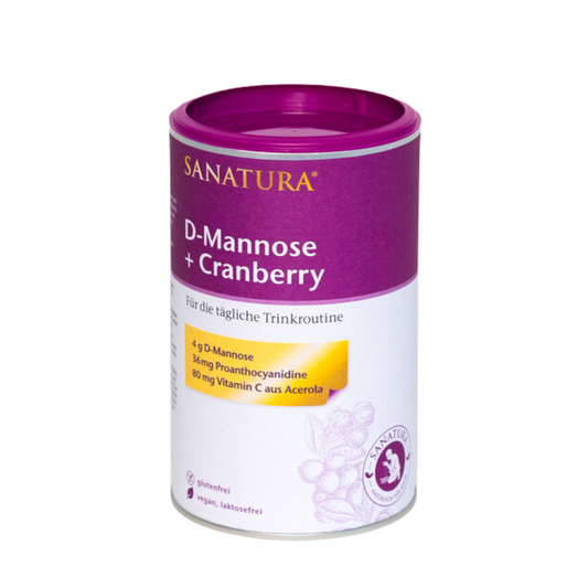 Sanatura D-Mannose + Cranberry 200 g – Nahrungsergänzung mit 4 g D-Mannose, 36 mg Proanthocyanidinen und 80 mg Acerola-Vitamin C pro Tagesportion, vegan, glutenfrei, laktosefrei