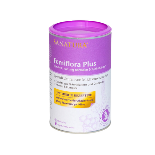 Sanatura Femiflora Plus 200 g – Nahrungsergänzung mit Milchsäurebakterien, Akazienfaser, Cranberry-Extrakt und Vitamin-B-Komplex, zur Unterstützung normaler Schleimhäute, vegan und laktosefrei


