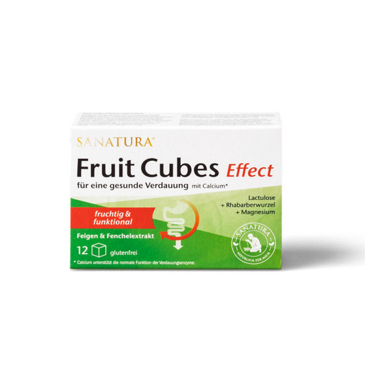 Sanatura Fruit Cubes Effect 12 Stück – Nahrungsergänzung mit Calcium, Lactulose, Rhabarberwurzel, Feigen- und Fenchelextrakt für eine gesunde Verdauung