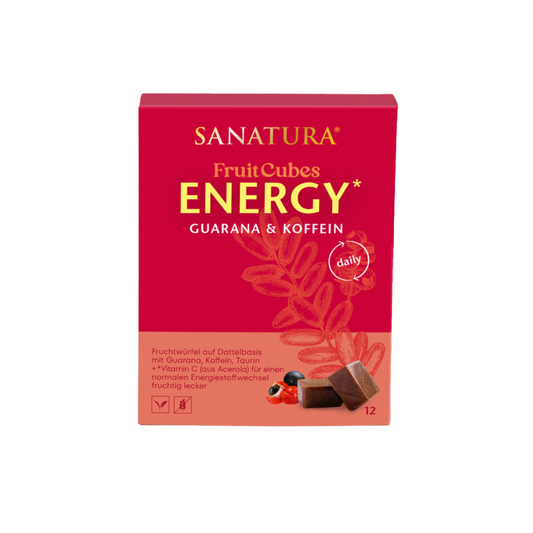 Sanatura Fruit Cubes Energy 120 g – Energy-Fruchtwürfel mit Guarana, Koffein, Taurin und Vitamin C aus Acerola für einen normalen Energiestoffwechsel.