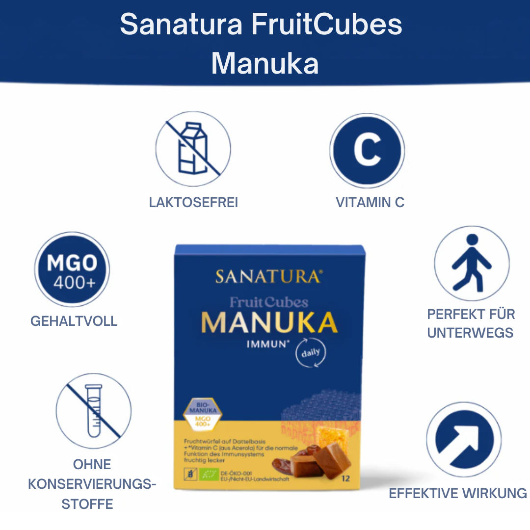Sanatura Fruit Cubes Manuka – laktosefrei, ohne Konservierungsstoffe, mit Vitamin C und Bio-Manuka-Honig MGO 400+, ideal für unterwegs und zur täglichen Immununterstützung