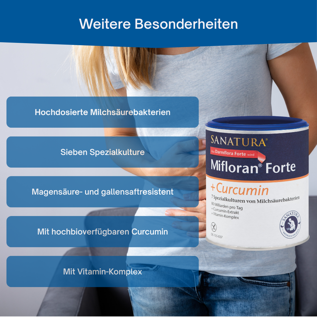 Sanatura Mifloran Forte + Curcumin – hochdosierte Milchsäurebakterien, magensaftresistent, mit Vitamin-Komplex und bioverfügbarem Curcumin für die tägliche Darmgesundheit