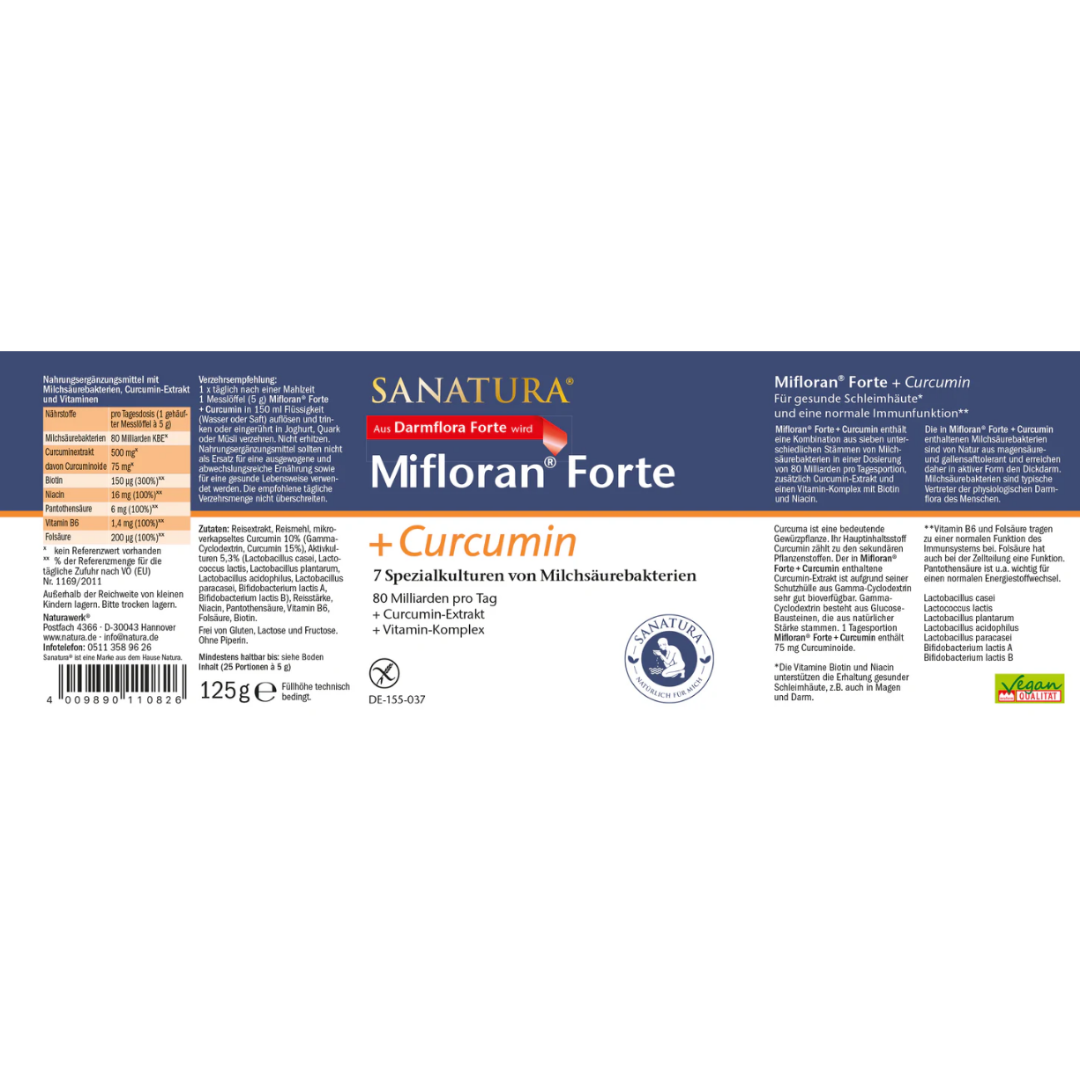 Etikett von Sanatura Mifloran Forte + Curcumin – mit Nährwertangaben, Zutaten, Einnahmeempfehlung und Informationen zu Bakterienstämmen und Curcumin-Gehalt