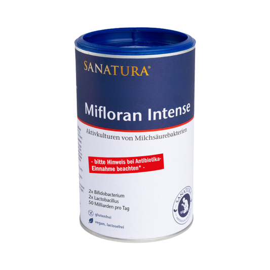 Vorderansicht der Sanatura Mifloran Intense Dose mit 50 Milliarden Milchsäurebakterien pro Tag, glutenfrei, vegan und laktosefrei