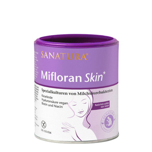 Vorderansicht der Sanatura Mifloran Skin Dose mit Spezialkulturen, Kieselerde, veganer Hyaluronsäure, Biotin und Niacin