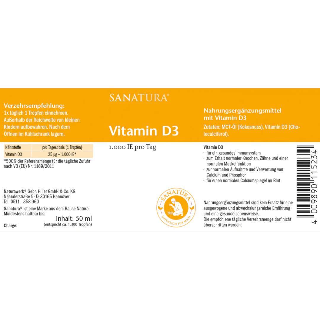 Etikett von Sanatura Vitamin D3 Tropfen mit Einnahmeempfehlung, Inhaltsstoffen und Nährwertangaben – 1.000 IE Vitamin D3 pro Tag