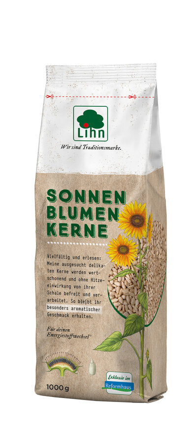 Produktbild von Lihn Sonnenblumenkerne in einer 1000g-Packung, verpackt in einer braun-weißen Tüte mit der Aufschrift 'Sonnenblumenkerne' und einer Illustration von Sonnenblumen, exklusiv erhältlich im Reformhaus.