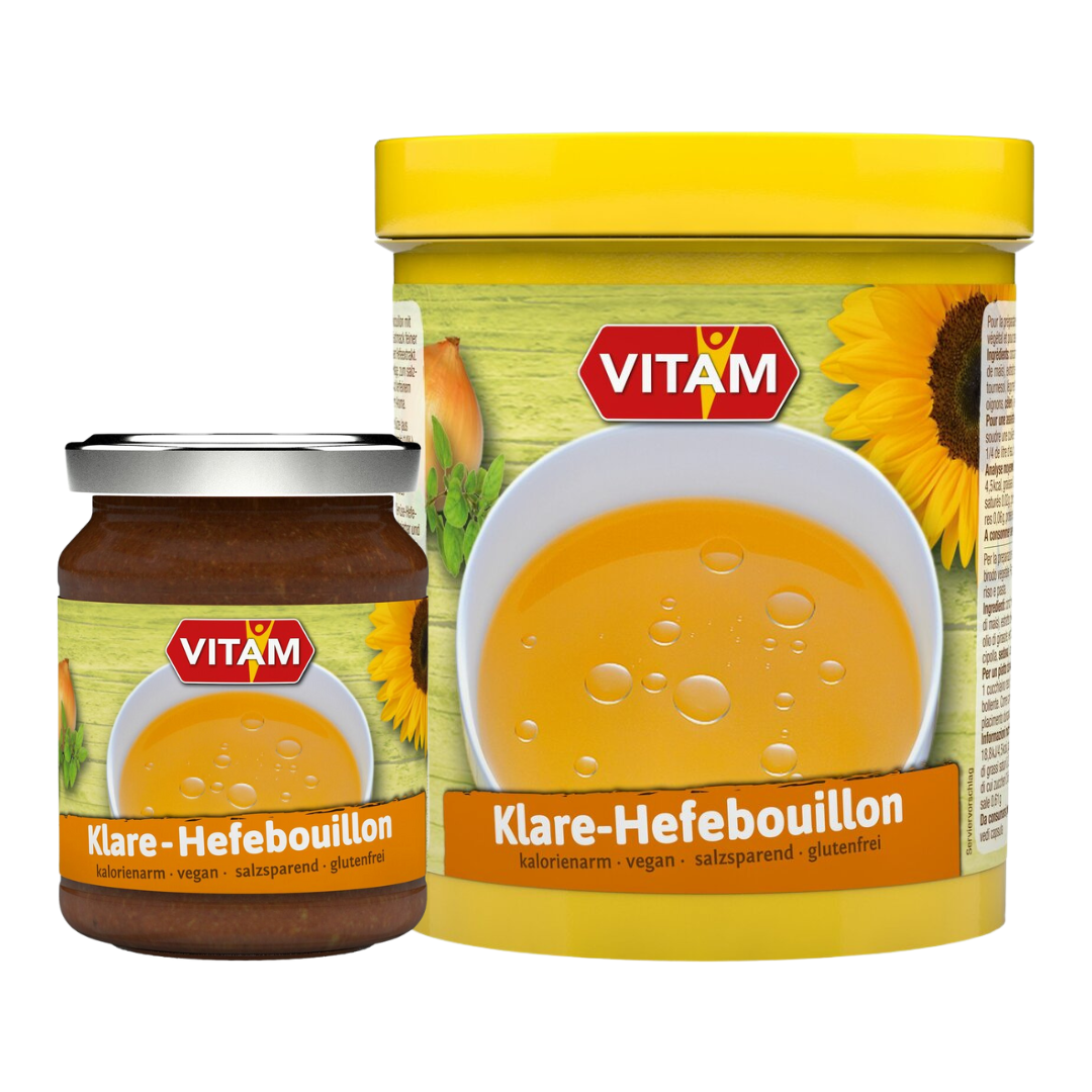 VITAM Klare Hefebouillon 175 g Glas & 1 kg Dose – kalorienarme, vegane, salzsparende und glutenfreie Bio-Bouillon