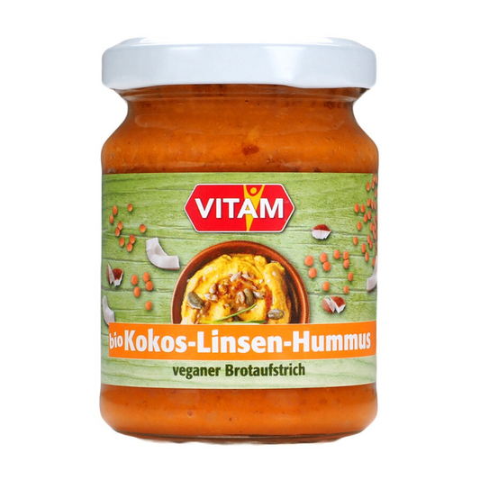 VITAM Kokos-Linsen-Hummus Bio vegan Brotaufstrich 115g Frontansicht – Glas mit VITAM Kokos-Linsen-Hummus, Bio, veganer Brotaufstrich, fruchtig-orientalischer Geschmack, 115g