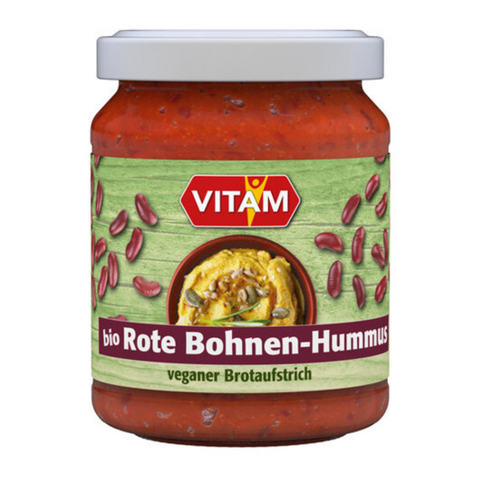 VITAM Bio Rote Bohnen Hummus – veganer Brotaufstrich im 125 g Glas, herzhafte Creme mit Kidneybohnen und leichter Salsa-Note