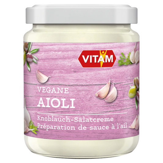 VITAM Vegane Aioli 225 ml Glas – cremige Bio-Knoblauch-Salatcreme, pflanzlich und vielseitig verwendbar