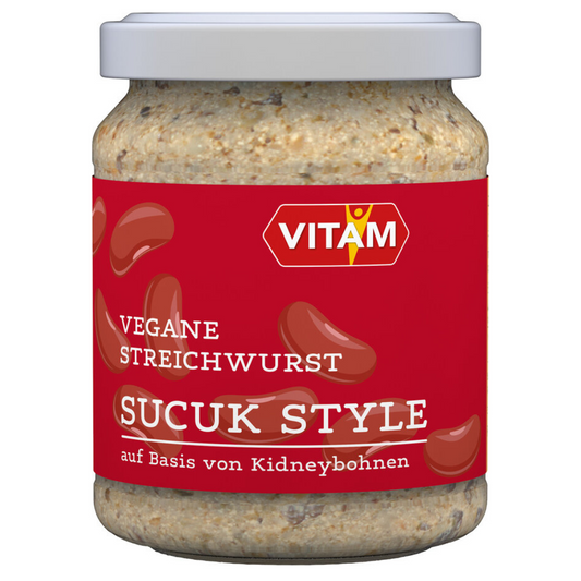 VITAM Vegane Streichwurst Sucuk Style im Glas – würziger pflanzlicher Brotaufstrich auf Basis von Kidneybohnen, 115 g