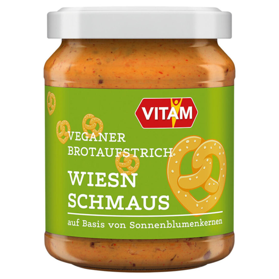 VITAM Veganer Brotaufstrich Wiesn Schmaus im Glas – herzhafter Aufstrich auf Basis von Sonnenblumenkernen, 115 g