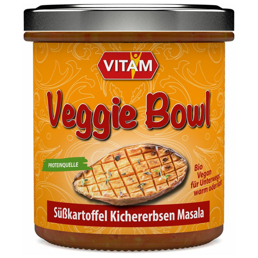 VITAM Veggie Bowl Süßkartoffel Kichererbsen Masala 300 g – Bio-Fertiggericht, vegane Proteinquelle, ideal für unterwegs oder als warme Mahlzeit