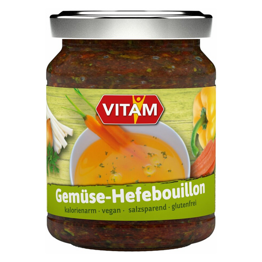 VITAM Gemüse-Hefebouillon 150g – kalorienarme, salzsparende und glutenfreie vegane Brühe im Glas
