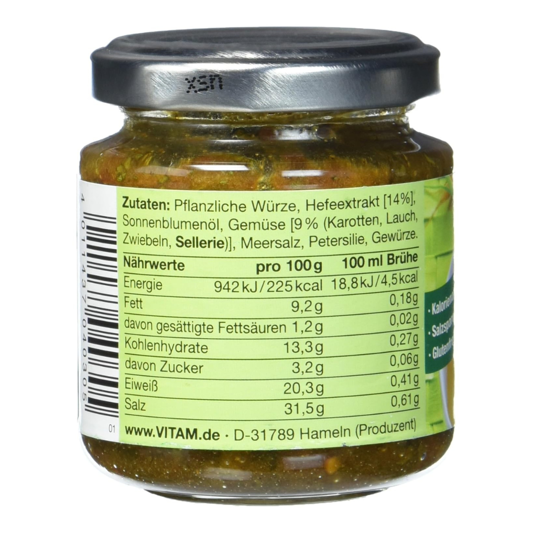 VITAM Gemüse-Hefebouillon 150g – Zutatenliste und Nährwertangaben der veganen Brühe im Glas