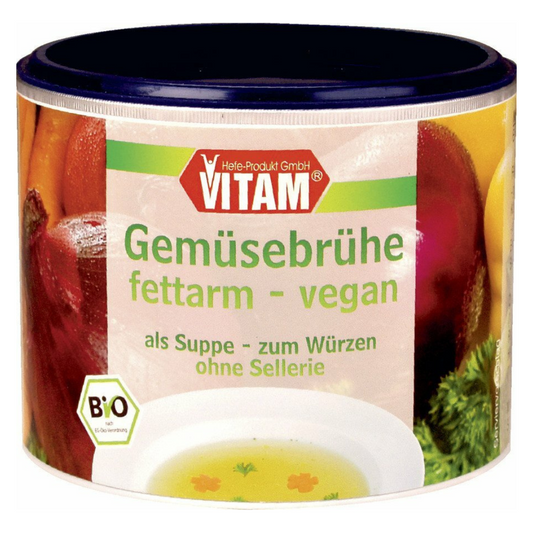 VITAM Gemüsebrühe fettarm vegan Bio 200g – kalorienarme gekörnte Brühe ohne Sellerie im Vorratsbehälter