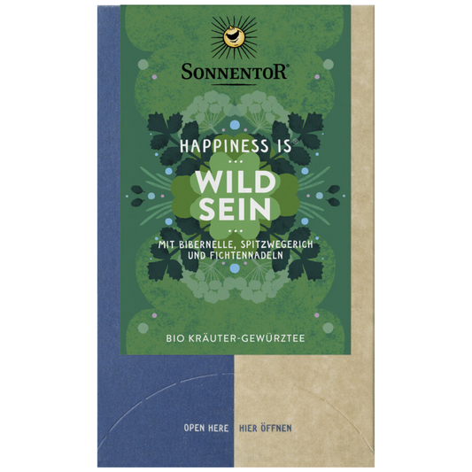 Sonnentor Happiness is Wild Sein Bio Kräuter-Gewürztee mit Bibernelle, Spitzwegerich und Fichtennadeln in grüner Verpackung