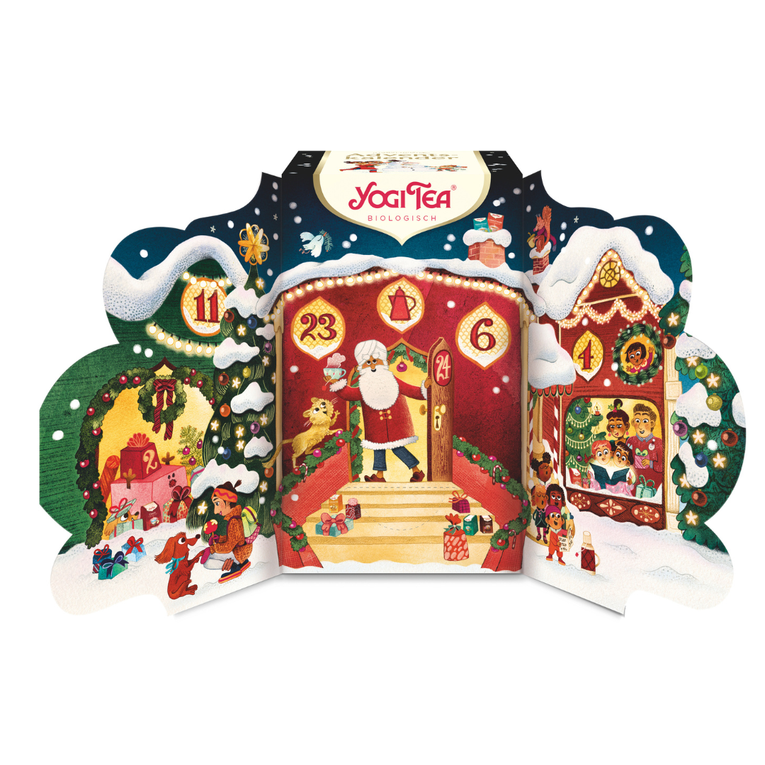 Yogi Tea Adventskalender 2025 aufgeklappt mit 24 Türchen und Weihnachtsmotiv