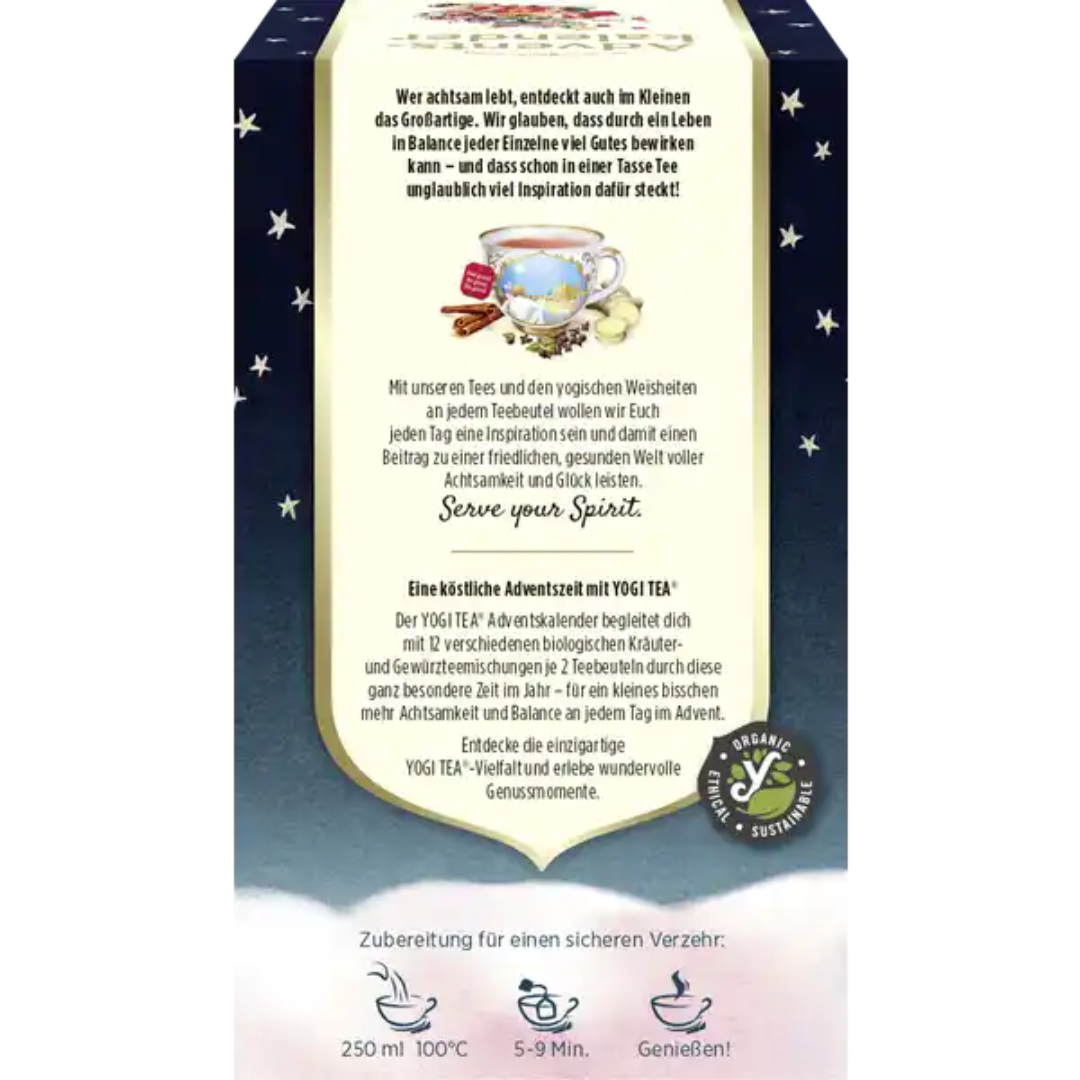 Yogi Tea Adventskalender 2025 Rückseite mit Teesorten und Zutatenliste